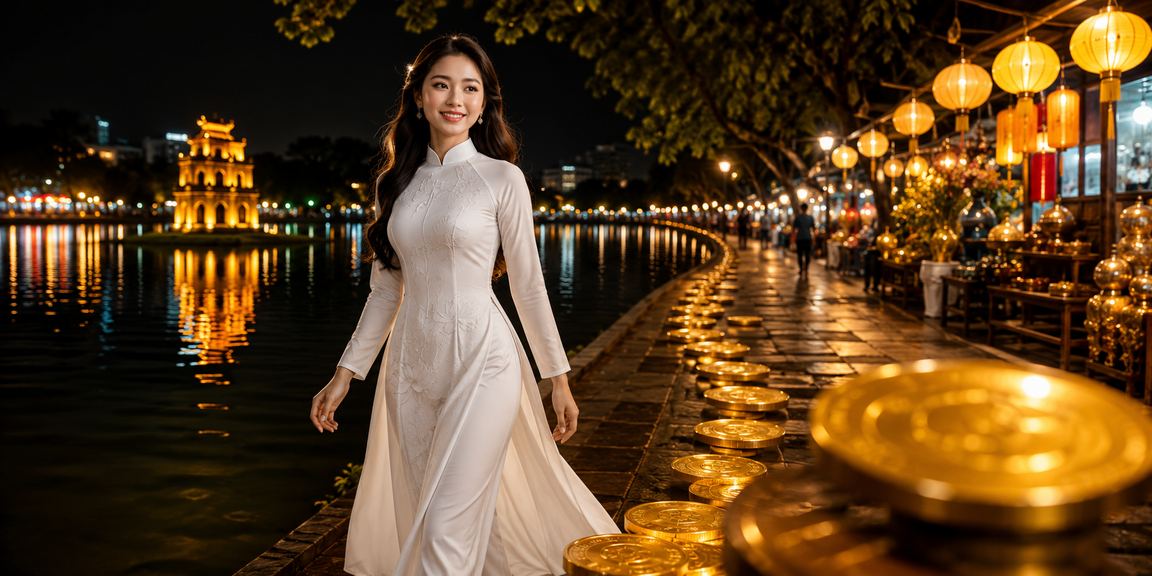 Người dùng Hà Nội mặc áo dài truyền thống đang xem kèo bóng đá và đặt cược trực tuyến trên điện thoại