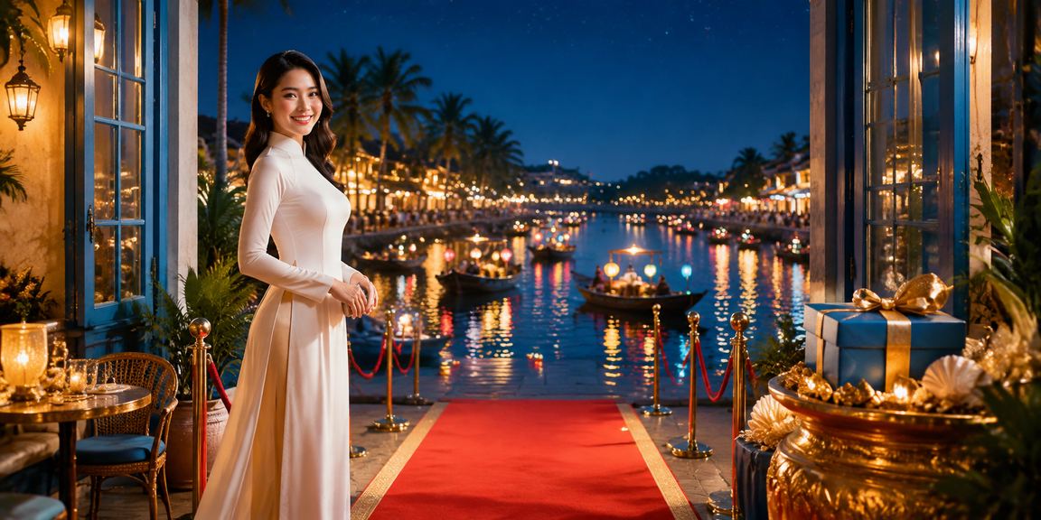 Phụ nữ mặc áo dài ở Hội An xem thông tin trò chơi casino và đặt cược trên điện thoại